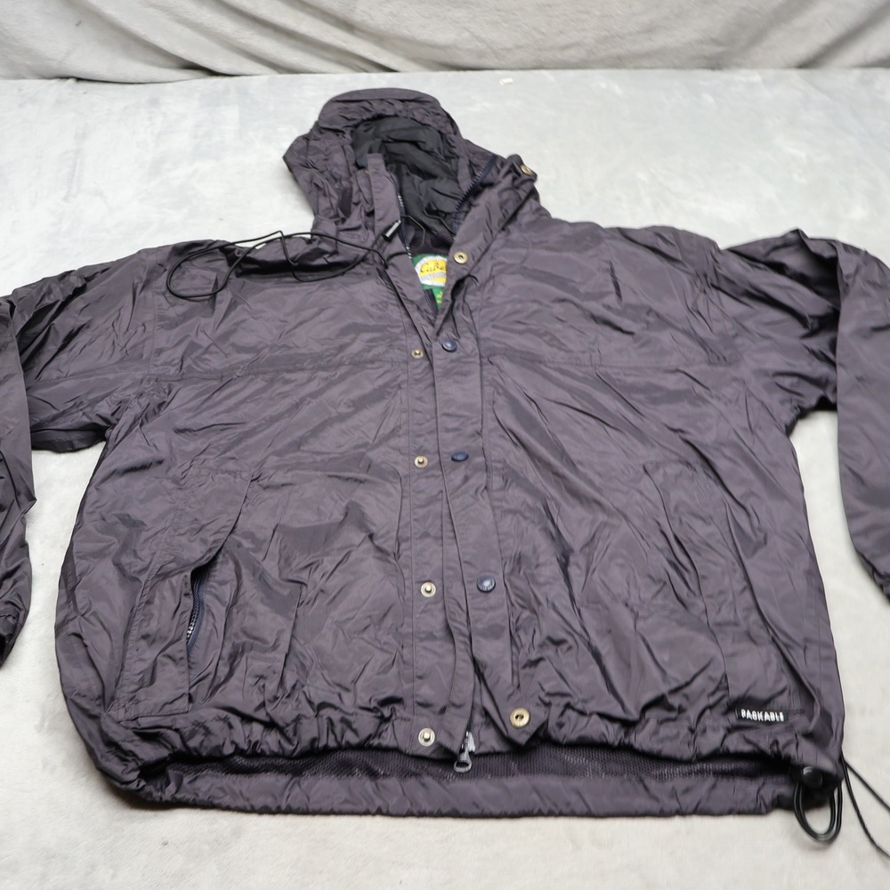 Cabelas Jacket Mens Large Black Hooded Wind Rain Lightweight Packable Outdoor